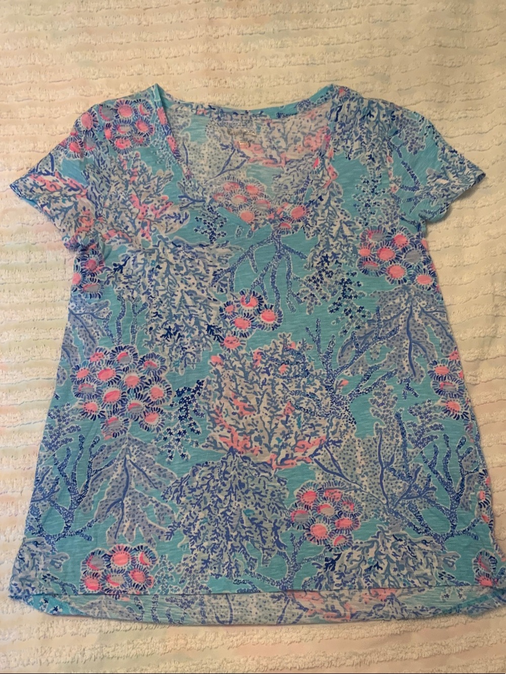 Lilly Pulitzer Aqua Floral Short Sleeve V-Neck Top